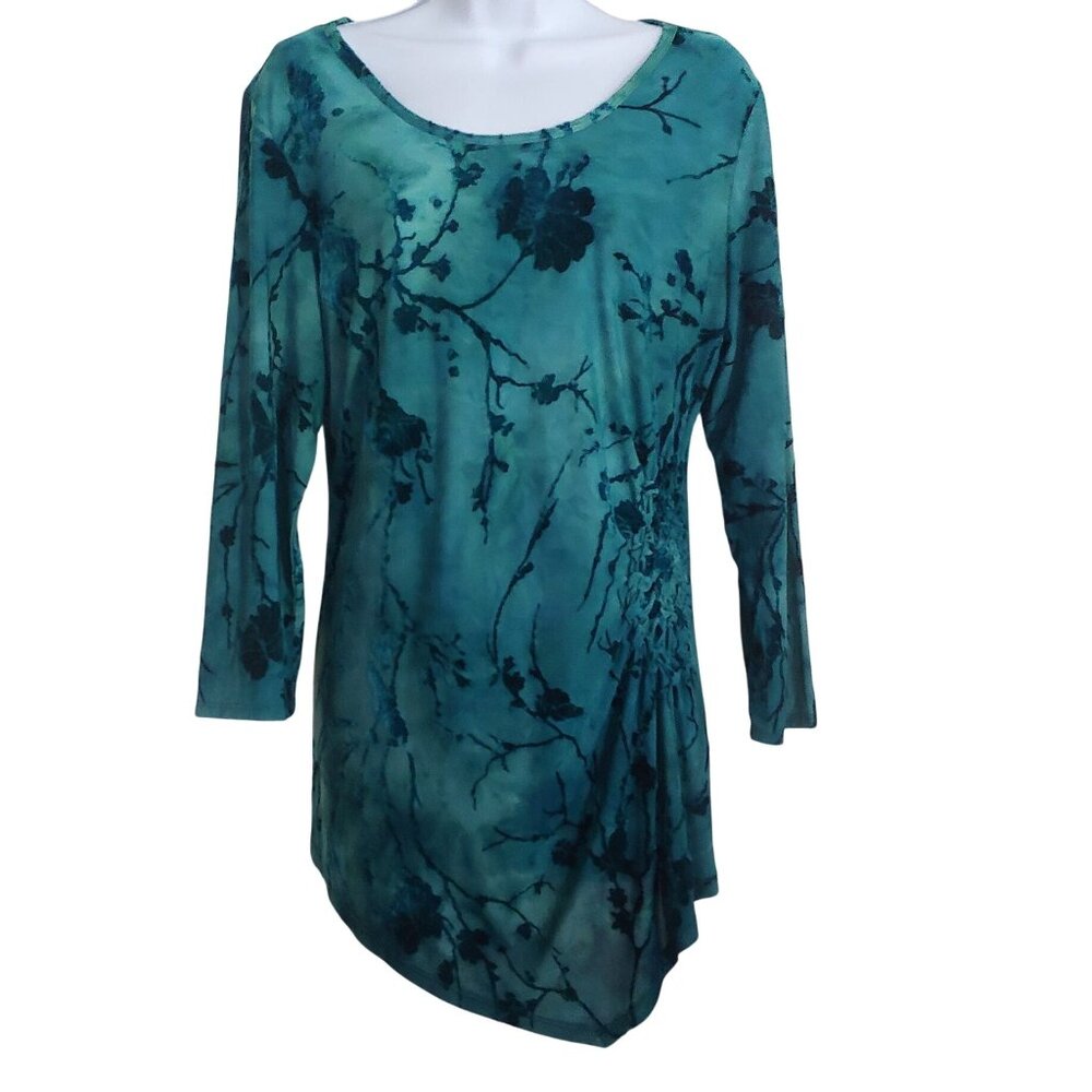 Only Nine Burnout Velvet Moody Bloom Teal Asymmetrical Hem Fairy Whimsy Top